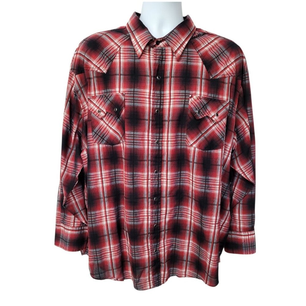 Plains‎ Western Wear Big Man Shirt 3X Plaid Pearl Snap Red Black Ranch Wear